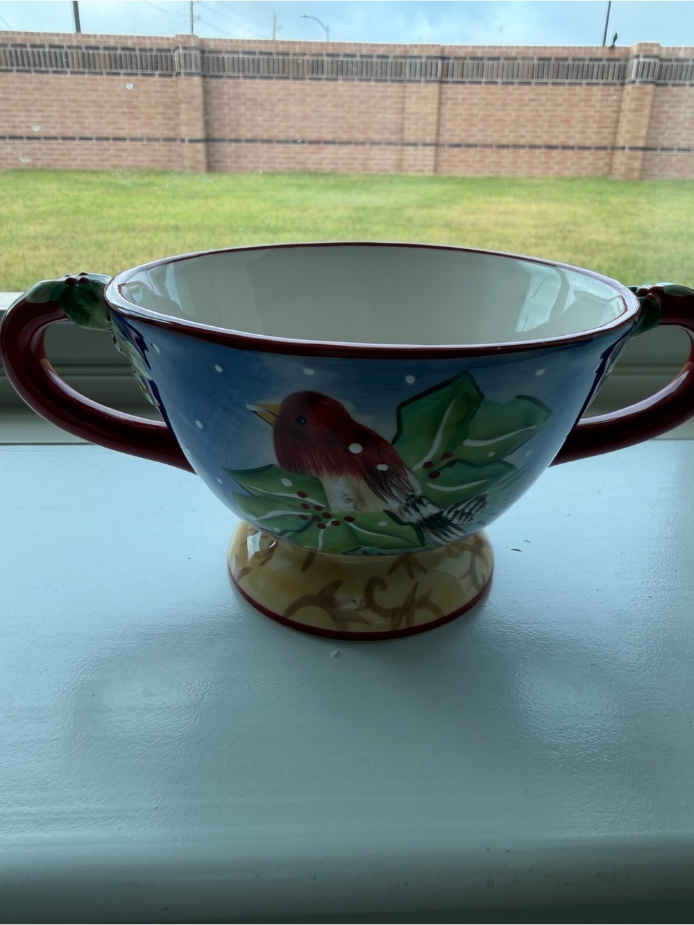 Hand-Painted Holiday Bird Two-Handled Decorative  Mug - Red & Blue
